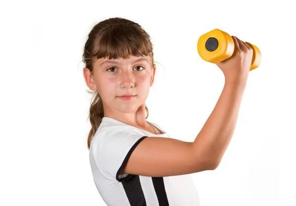 Girl with a dumbbell — Stock Photo, Image