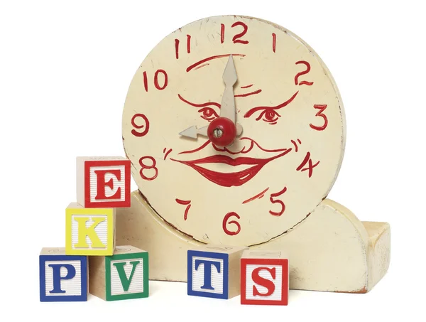 Old Handmade Wooden Toy Clock and Alphabet Blocks — Stock Photo, Image
