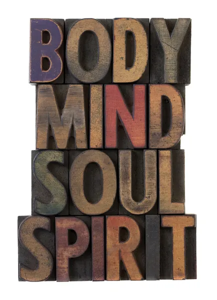 Body, mind, soul, spirit in wood type — ストック写真