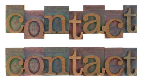 Contact - oude houten boekdruk type — Stockfoto