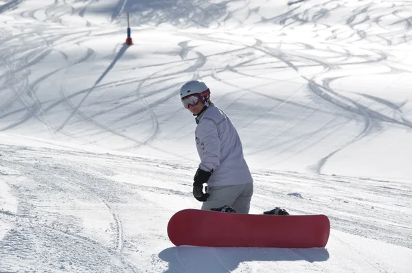 Θηλυκό snowboarder χαμηλώματος της ανάρτησης — Φωτογραφία Αρχείου