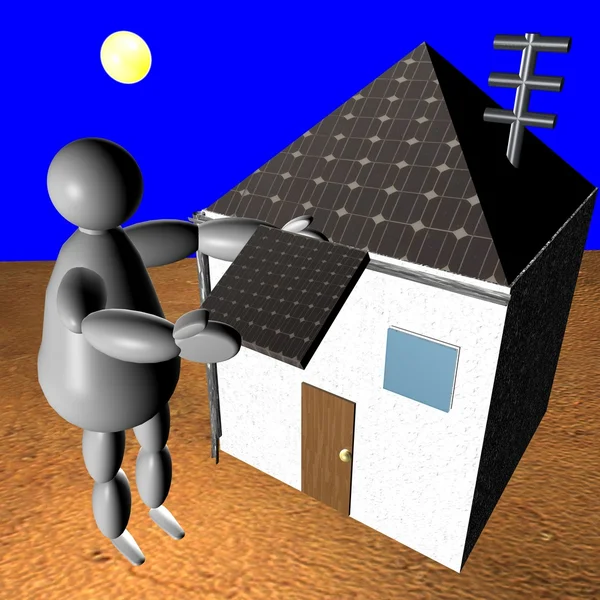 3D lalek kładzenie paneli słonecznych na dom — Zdjęcie stockowe