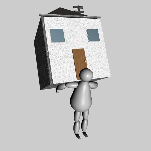 Títere 3D trayendo casa en su espalda — Foto de Stock