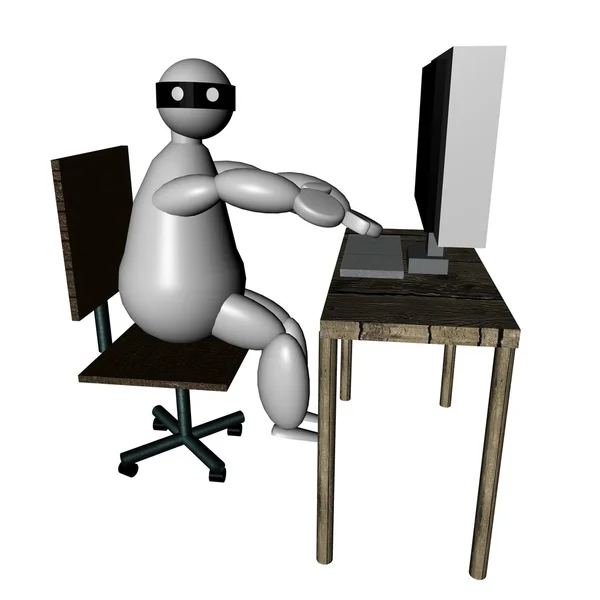 3D puppet thief at pc — Stockfoto