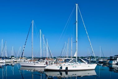 Luxury white yachts and boats moored in harbour clipart