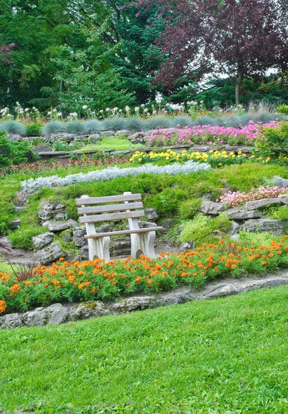 Parque de verão, banco em um jardim, flores, fábricas — Fotografia de Stock