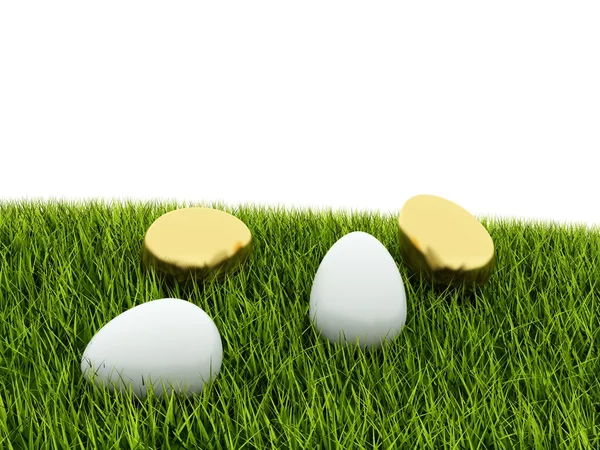 Ovos brancos e dourados na grama verde — Fotografia de Stock