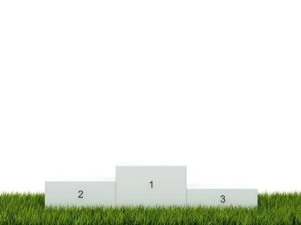 Pódio branco na grama verde — Fotografia de Stock