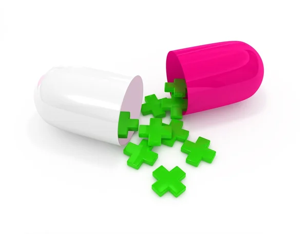Öppna piller kapsel med första hjälpen-symboler — Stockfoto
