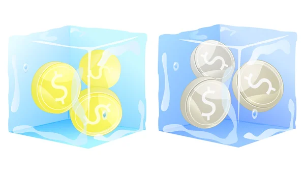 Monedas de oro congeladas en cubo de hielo — Vector de stock
