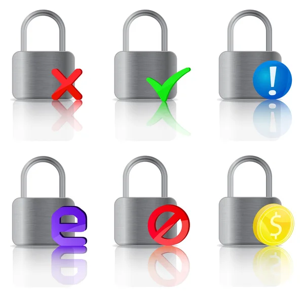 Icons of padlock with check exclamation internet stop marks — Stock Photo, Image