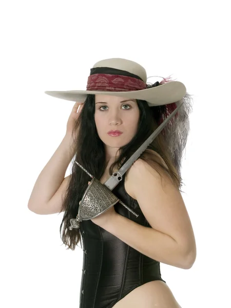 Donna in cappello piumato con pugnale e corsetto — Foto Stock