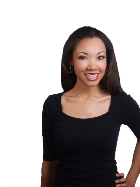 Jonge zwarte vrouw met grote glimlach en accolades — Stockfoto