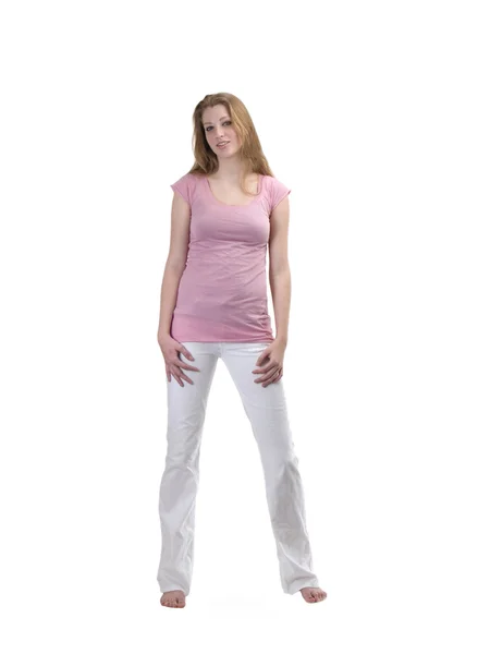 Joven rubia adolescente en pantalones vaqueros blancos y top rosa — Foto de Stock