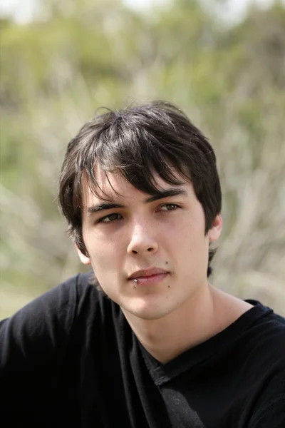 Giovane adolescente ragazzo ritratto all'aperto capelli neri Foto Stock Royalty Free