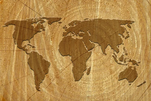 Världskarta på träets yta — Stockfoto