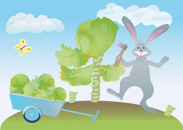 Веселий зайчик-кролик нарізає капусту — стокове фото