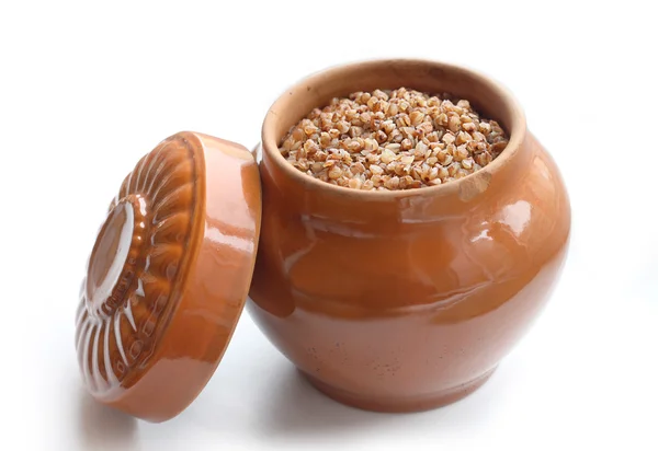 Pot with buckwheat porridge — Stock Photo, Image