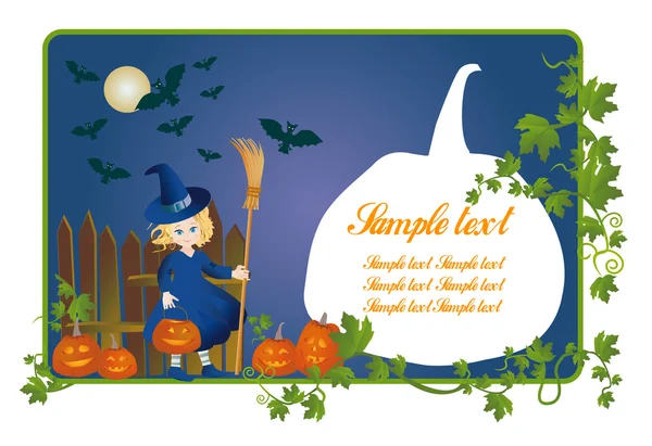 Küçük cadı Halloween balkabağı fener ile — Stok Vektör