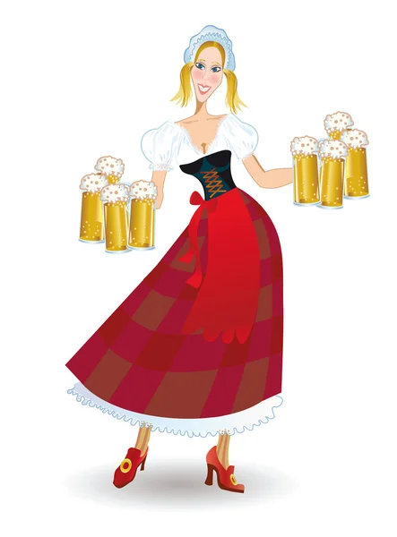 Mujer bavariana con cerveza — Vector de stock