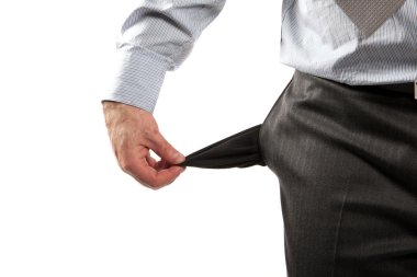 Disappointed businessman with empty pockets isolated over white clipart