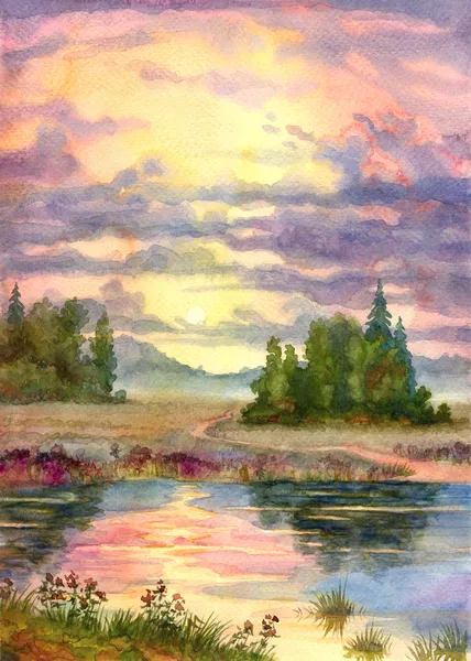 Закат над озером — стоковое фото