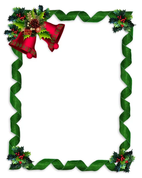 Christmas border Holly, bells, and ribbo — Stock Photo, Image