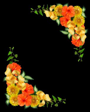 Tropical flowers corner design on black clipart