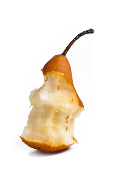 吃了一半的梨被隔绝在白色背景上 — 图库照片