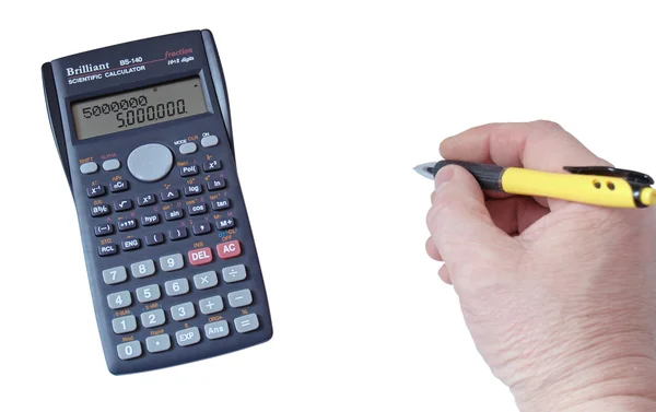 Caneta em uma mão e a calculadora — Fotografia de Stock