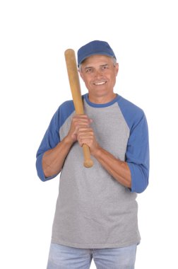 Middle aged man ready to play baseball clipart