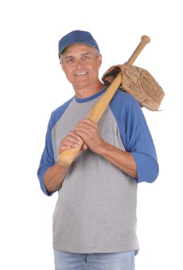 Middle aged man ready to play baseball clipart