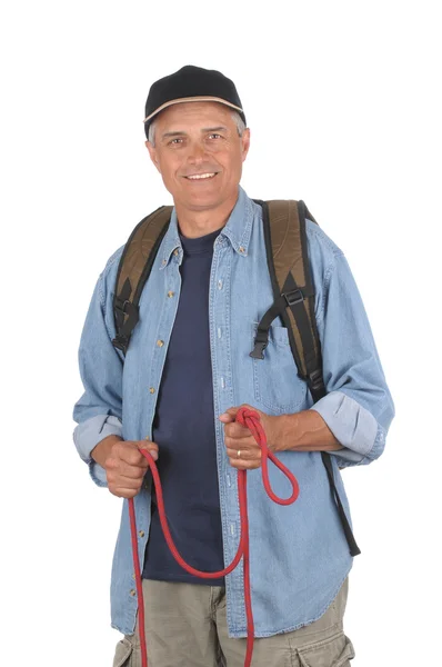 Middle aged hiker with rope — Stock Photo, Image