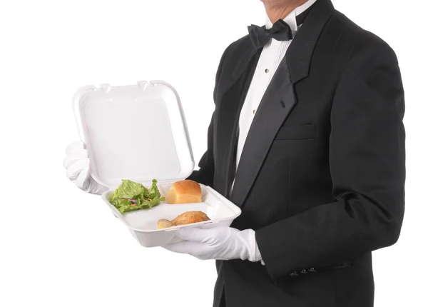 Butler met take-out voedsel container — Stockfoto