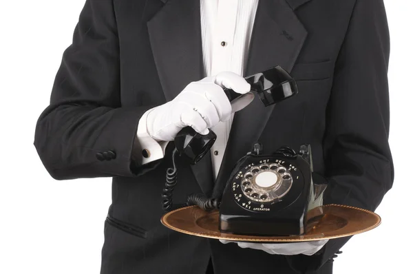 Butler with Phone on Tray — Stock Photo, Image