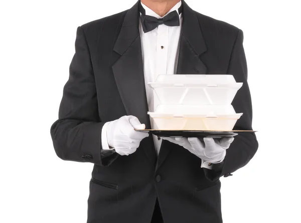 Butler met take-out voedselcontainers — Stockfoto