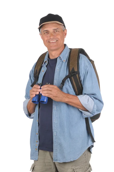 Middle Aged Man with Binoculars — Stock Photo, Image