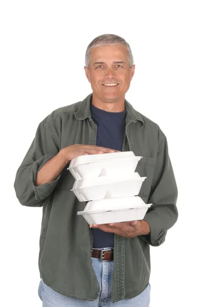 Man med ta ut mat behållare — Stockfoto
