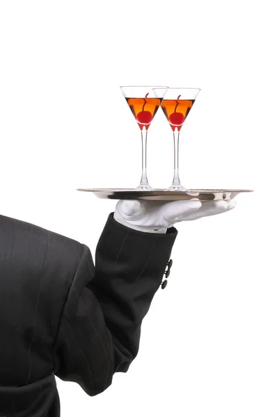 Butler mit Weingläsern auf Tablett — Stockfoto