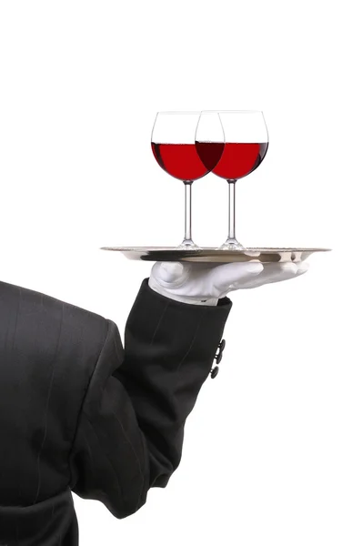 Butler con copas de vino en bandeja — Foto de Stock