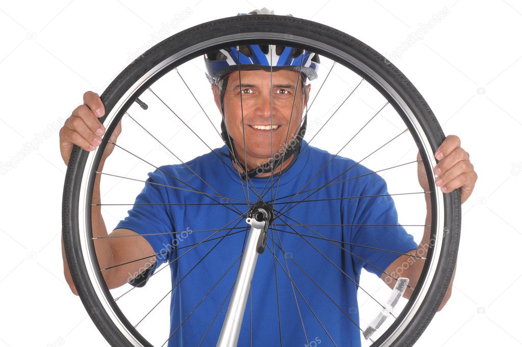 Cyclist looking thru Wheel