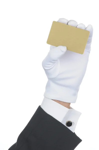 Butler com cartão de ouro em branco — Fotografia de Stock