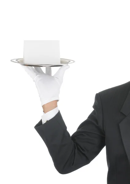 Butler with Blank Card on Tray — Stock Photo, Image