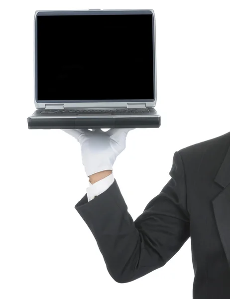 Mayordomo con ordenador portátil en la mano — Foto de Stock
