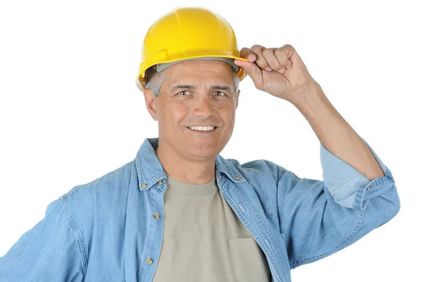 Budowy robotnik ręka na twardy kapelusz brzegi — Zdjęcie stockowe
