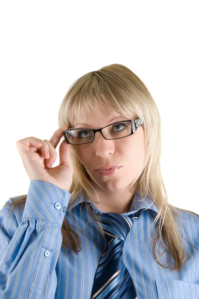 Geschäftsfrau stellt die Brille auf — Stockfoto