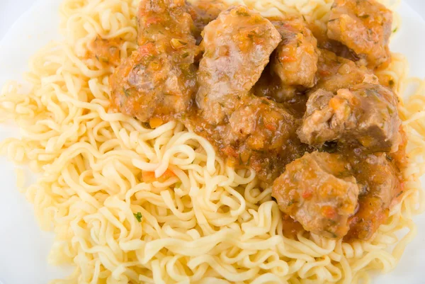 Close up van spaghetti en vlees — Stockfoto