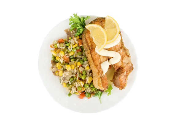 Czerwona ryba ryż i warzywa — Zdjęcie stockowe