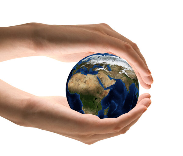 Take care the earth concept. Human hand holding the world in hands.