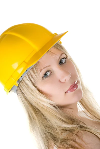 Biondo in casco giallo da costruzione — Foto Stock